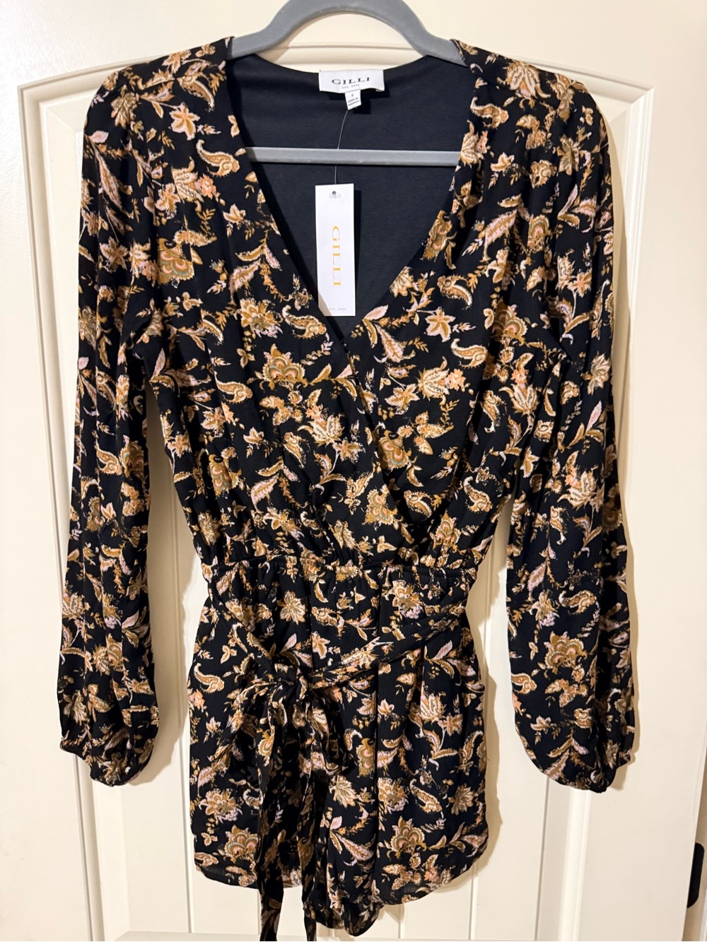 Gilli Black Floral Romper with Gold-Tan Print